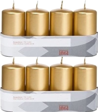 Trend Candles Cilinderkaarsen - 8x - goud - 5 x 10 cm - 18 branduren - geurloos - wax - kaarsen