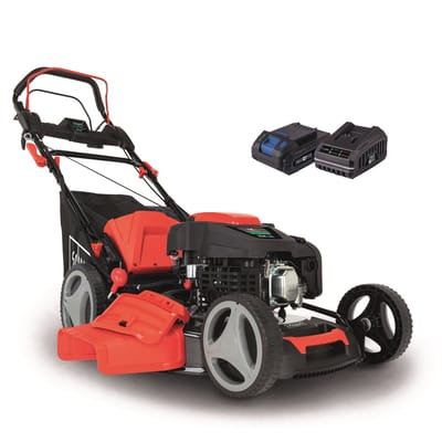 Scheppach Grasmaaier Benzine met hybride start M225-53E - Zelfrijdend - Mulchfunctie - 53cm maaibreedte - Maaihoogte in 7 stappen verstelbaar: 25-75mm - 4-takt - 224cc - 6pk - Voor tuinen tot 1800m² - met 65L opvangbak