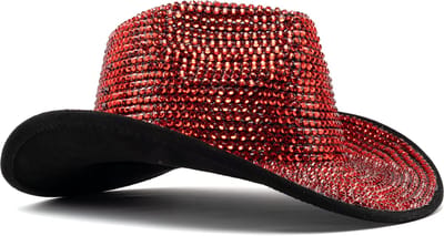 KIMU® Cowboyhoed Rood Strass Steentjes - Rode Cowgirl Western Hoed - Cowboy Diamantjes Glitter Dames Heren Foute Party Circus Festival