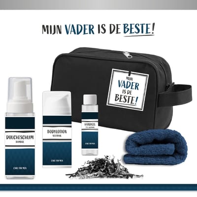 Geschenkset ''Mijn Vader is de Beste!" - 5 Producten - 500 Gram - Triomf Cosmetica | Toilettas zwart Giftset Doucheschuim Bamboo Verjaardag Vaderdag Wellness Cadeau Man Allerbeste Papa Nummer 1 Verjaardagscadeau Topper Speciaal voor jou Blauw