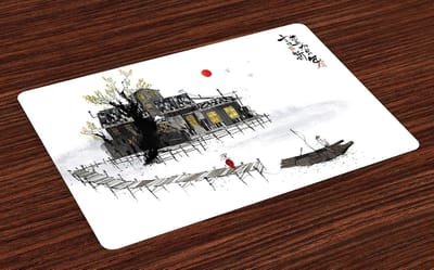 ABAKUHAUS Koreaanse placemats, landschap met kalligrafie, tafeldecoratie van kleurbestendige stof voor eetkamer en keuken, donkergrijs wit