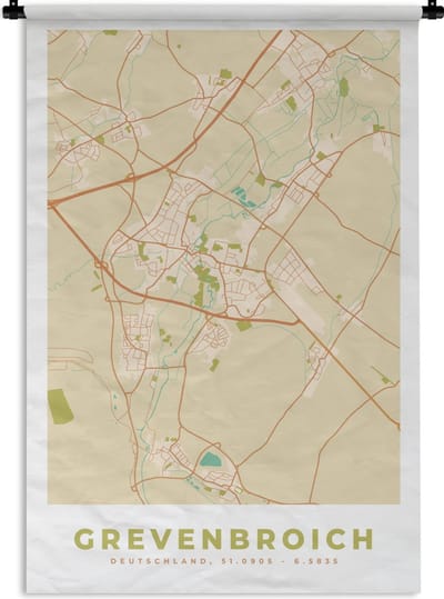 Wandkleed - Wanddoek - Vintage - Grevenbroich - Plattegrond - Kaart - Stadskaart - 120x180 cm - Wandtapijt