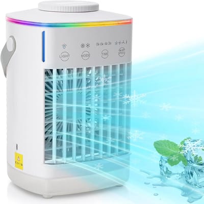 Mobiele Airco - Luchtkoeler met 700ML Watertank - USB Oplaadbare Mini Aircooler - Vernevelende Koelventilator - 4 Snelheden - 4 niveautimer - Draagbare Tafelventilator voor Thuis, Kantoor & Camping - Wit - 23.8x16x14 cm