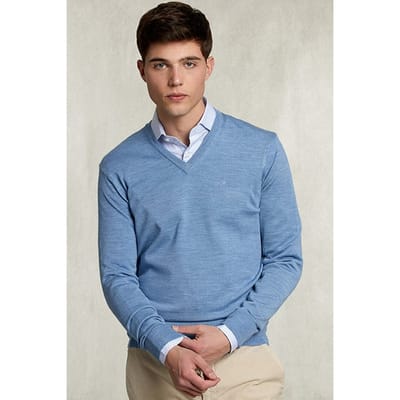 River Woods Basic Merino V-neck Pullover Dark Chambray Mix Blue Size: S | Sweaters Outlet | Heren | Blauw