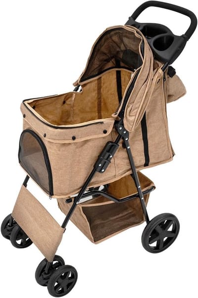 Opvouwbare Huisdierwagen Beige tot 15kg met Regenhoes en Organizer Tas