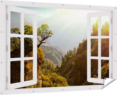 Gards Tuinposter Doorkijk Bos in de Bergen met Zonneschijn - Kleur - 180x120 cm - Tuindoek - Tuindecoratie - Wanddecoratie buiten - Tuinschilderij