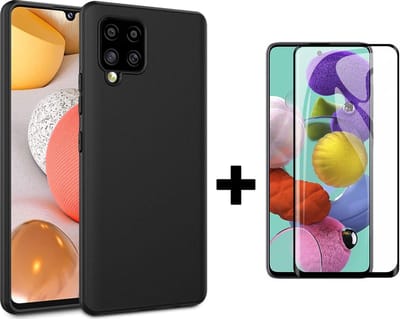 HB Hoesje Geschikt voor Samsung Galaxy A42 5G - Zwart - Siliconen Back Cover + Volledige Display Screenprotector