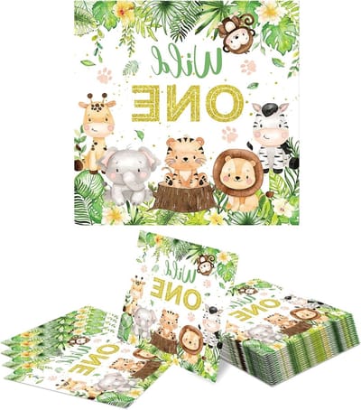 Junglefeest Servetten Set van 20, Dieren en Bladeren Motief, 33 x 33 cm, Perfect voor Kinderfeestjes en Verjaardagen