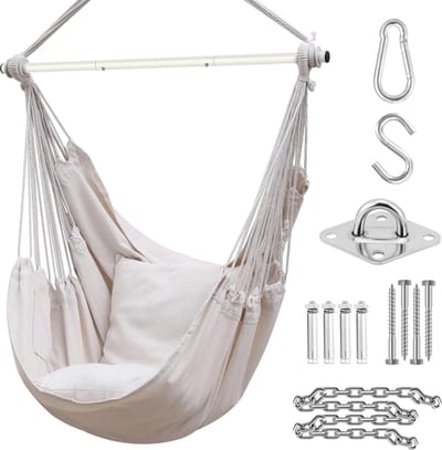Hangstoel cocoon XL draagbare hangstoel met hardwarekit en 2 kussens- Afneembare metalen steunstang- Zijvak voor binnen en buiten- Hangstoel voor patio, slaapkamers, tienermeisjes kamerdecoratie. hangstoel cocoon