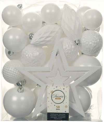 Kerstballen 66x stuks met ster piek - wit - kunststof 4, 5, 6, 8, 10 cm
