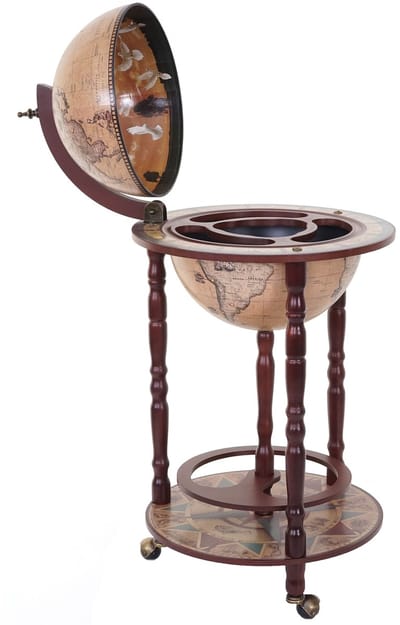 Globe bar MCW-D83, minibar huisbar wijnrek, globe Ø 33cm oprolbaar eucalyptushout MVG ~ bruin