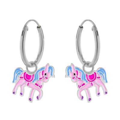 Zilveren oorbellen - kinderoorringen - roze paard - blauwe manen