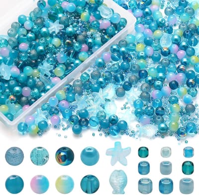 Glazen kralen voor het maken van armbanden, kleurrijke kristallen kralen voor het maken van sieraden, set, afstandhouder, 8 mm, verschillende kralen, oceaan, zeesterkralen en rocailles(lichtblauw)