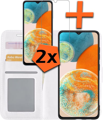 Hoes - Met 2x Screenprotector - Geschikt voor Samsung Galaxy A23 - Luxe Pasjeshouder - Bookcase Portemonee - Flip Case - Kunstleer Book Case - Flipcase Hoes - Book Cover - Walletcase - PortemonneeHoes - Wit