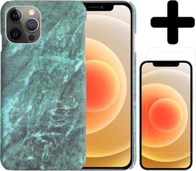 Hoesje Geschikt voor iPhone 12 Pro Hoesje Marmer Case Hard Cover Met Screenprotector - Hoes Geschikt voor iPhone 12 Pro Case Marmer Hoesje Backcover - Groen