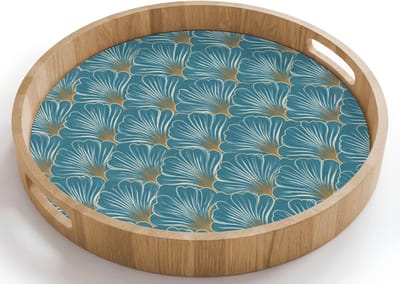 Dienblad rond 40x40 cm - Schootdienblad hout - Symmetrisch - Patroon - Blauw - Borrelplank rechthoek - Plateau houten dienbladen