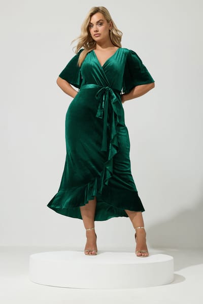 Yours London Groene Fluwelen Wikkeljurk Size 42
