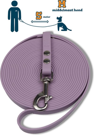 Miqdi lange lijn - BioThane ® - lila - 5 meter lang - 13 mm breed - M - middelmaat hond - lange hondenriem