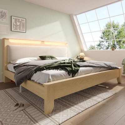 MEUNIQ tweepersoons bed 140x200 cm met matras, hoofdbord met opbergruimte en LED-verlichting, lattenbodem, beige cordstof en eiken kleur voor slaapkamer