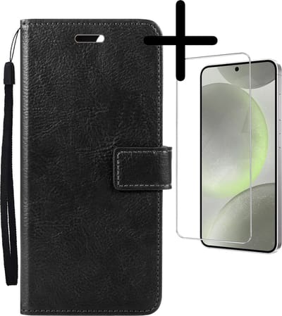 Hoesje Met Screenprotector - Geschikt voor Samsung Galaxy S24 - Luxe Pasjeshouder - Bookcase Portemonee - Flip Case - Kunstleer Book Case - Flipcase - Book Cover - Walletcase - Portemonneehoes - Zwart