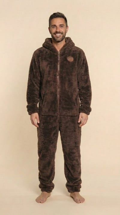 Heren Knuffle Fleece Onesie® | Warme onesie huispak jumpsuit voor mannen | Superzacht & comfortabel | Premium kwaliteit | Duurzaam & CO₂-neutraal geproduceerd in Portugal | Bruin maat S