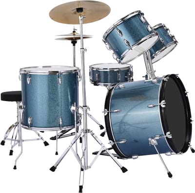 5-delige 22 inch junior drumset, drumstel voor beginners met verstelbare stoel, cimbaal en drumstokken, muziekinstrument om te leren en te oefenen, geschikt voor tieners, studenten en beginners (Gravel Blue)
