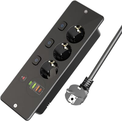 Stekkerdoos met USB - Meervoudig stopcontact - Apparaten opladen - Individuele schakelaars - 3 stopcontacten - Zwart