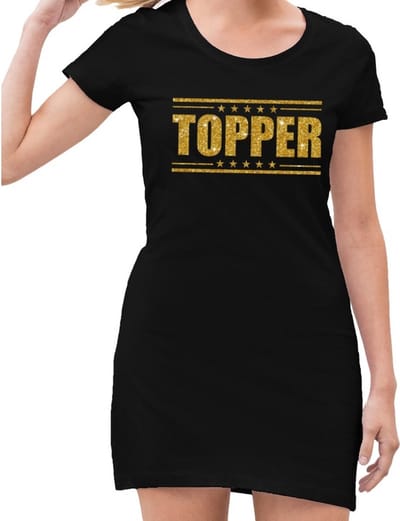 Topper jurkje zwart met gouden glitter letters dames 38