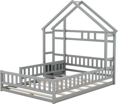 REDOM Ledikant 140x200 cm van massief grenenhout/MDF – Huisvorm met 31 cm reling en nachtkastje – Grijs