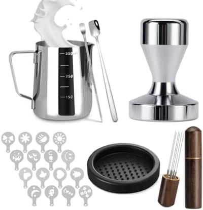 PromoHome Barista Accessoireset voor Espresso Machine - 22 Delige Koffie Set met 51 mm Koffiestamper, Melkschuimkan, WDT Tool, Tampermat, Latte Art Pen, Koffielepel en 16 Sjablonen - Professionele Espresso Gereedschappen