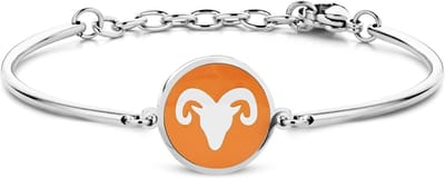 CO88 Collection Zodiac 8CB-90322 Stalen Armband met Hanger - Sterrenbeeld Ram 15 mm - One-size - Zilverkleurig / Donkeroranje