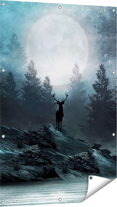 Gards Tuinposter Hert op een Rots tijdens Volle Maan - 80x120 cm - Tuindoek - Tuindecoratie - Wanddecoratie buiten - Tuinschilderij