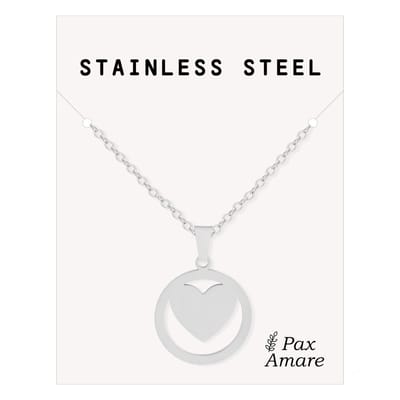 Cadeau Ketting met Hartje in Rondje - Roestvrij Staal - Zilverkleurig - Cadeau Sieraad op Kaartje - Pax Amare