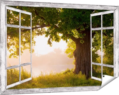 Gards Tuinposter Doorkijk Eikenboom aan het Water met Volle Bladeren - 150x100 cm - Tuindoek - Tuindecoratie - Wanddecoratie buiten - Tuinschilderij