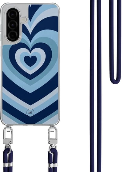 Hoesje met koord geschikt voor Samsung Galaxy A26 - Hart blauw - Inclusief Donkerblauw koord - Crossbody beschermhoes - Transparant, Blauw - Mooie Telefoonhoesjes