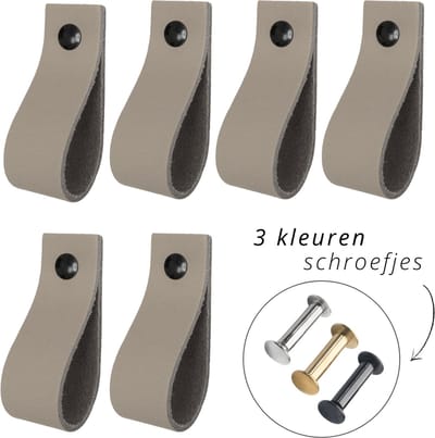 Handles and more - 6x Leren handgrepen lusjes - Taupe - XS (12,6cm) - incl. 3 kleuren schroefjes (handgreepjes - leren handgrepen - greepjes - leren lusjes)