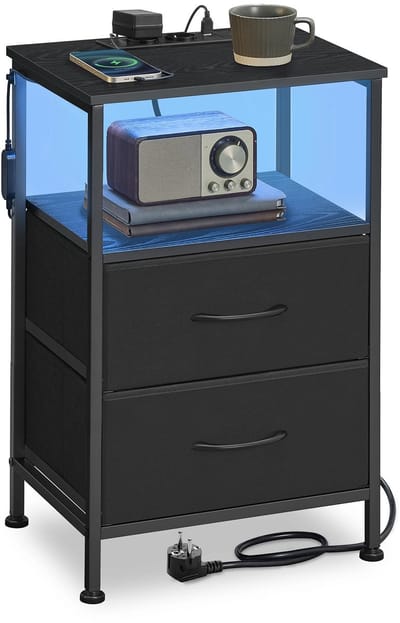 uJOY Nachtkastje met verlichting - Geïntegreerd oplaadstation - 2 Stopcontacten - Veel opbergruimte - Zwart - Compact formaat