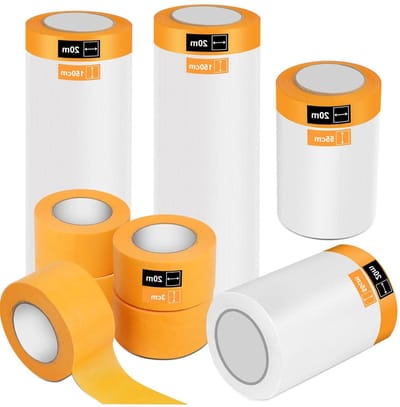 Afdekfolie met plakband, 9 stuks, afplakband met folie, transparante afdekfolie, zelfklevende schilderfolie, schildertape, plakfolie, perfect voor ramen, deuren en schakelaars