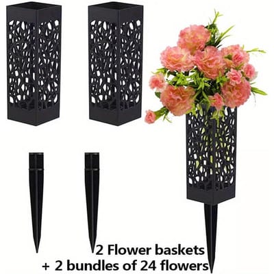 24 Têtes de Fleurs Simulées et 2pcs Panier à Fleurs à Piquer au Sol pour Patio, Bouquet Mixte Œillet Cresson rose
