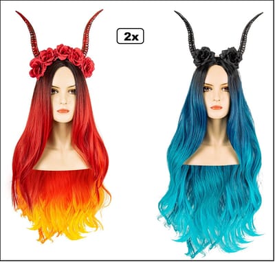 2x Diadeem met hoorns en bloem rood en zwart - Halloween heks horror festival griezel thema