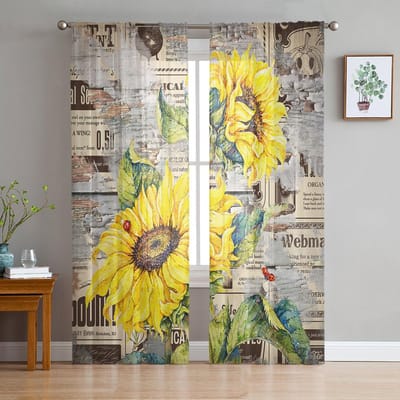 Retro Krant Zonnebloem Houtnerf Transparante Raamgordijnen Voor Woonkamer Keuken Kinder Slaapkamer Voile Hangend Gordijn 135W x 114H(cm) yellow