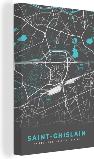 Canvas Schilderij Stadskaart – Grijs - Kaart – Saint Ghislain – België – Plattegrond - 20x30 cm - Wanddecoratie