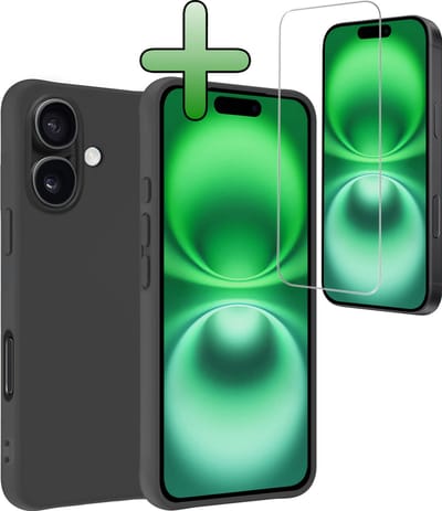 Hoesje Met Screenprotector - Geschikt voor Apple iPhone 16 - Sterk & Shockproof - Back Cover - Siliconen Case - Telefoon Hoes - Zwart