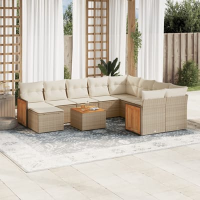 vidaXL - 11-delige - Tuinset - met - kussens - poly - rattan - beige