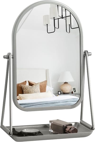 Spiegel voor Make-up Tafel met 360 Graden Draaibaar Frame, Desk Mirror met Opbergruimte voor Badkamer, Slaapkamer en Kantoor