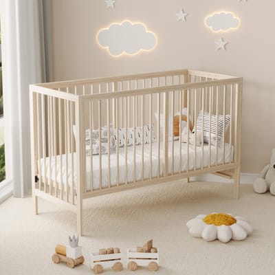 Pugsdrly Houten babybedje, multifunctioneel babybedje, om te bouwen tot extra bed/ezel/bureau, in hoogte verstelbaar, zonder matras, van sparrenhout, natuurlijke kleur, 140x60x90 cm