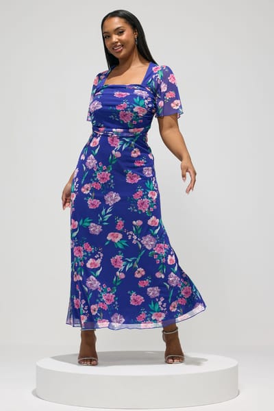 Yours London Blauwe Maxijurk Met Bloemenprint En Vierkante Hals Size 46