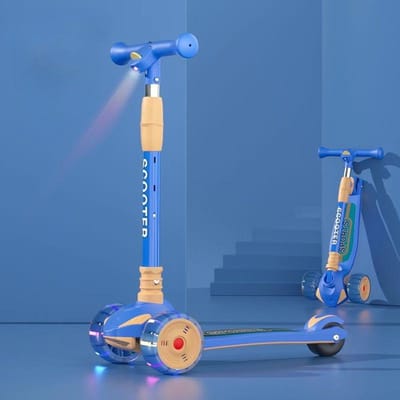 Trottinette 3 Roues pour Enfants avec Projecteur LED Dessin Animé Pliable Entraînement à l'Équilibre Trottinette à Pousser pour Enfants Amusement en Plein Air bleu