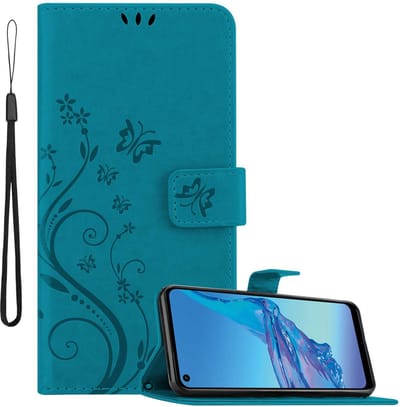 Cadorabo Hoesje geschikt voor Oppo A53s in Blauw - Beschermhoes in bloemmotief met magnetische sluiting, standfunctie en kaartsleuven Book Case Cover Etui