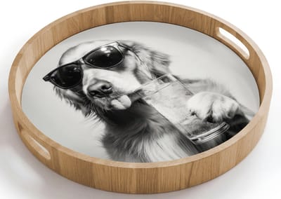 Dienblad rond 40x40 cm - Schootdienblad hout - Golden retriever - Hond - Zonnebril - Gkas - Borrelplank rechthoek - Plateau houten dienbladen